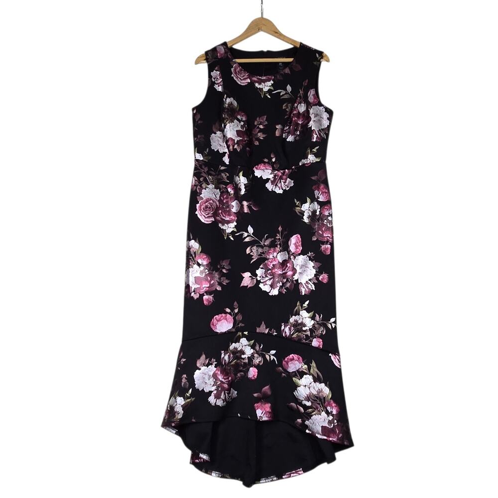 Enfocus Floral High Low Midi Dress 14W Black Romantic Wedding Guest Formal